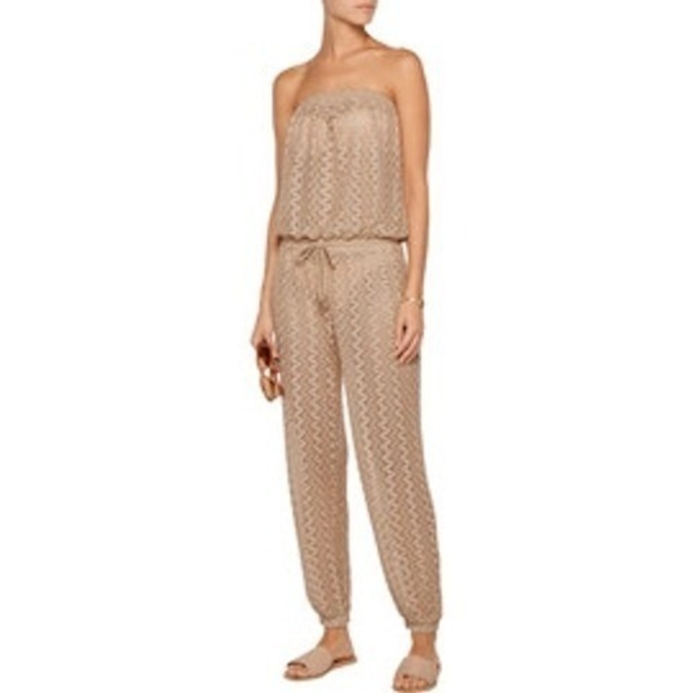 Melissa Odabash Tan Crochet Strapless Jumpsuit Beach Cover Up Small Boho Tan